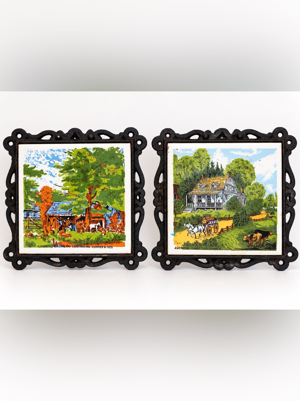 Vintage Seven Star Currier & Ives Ceramic Tile Cast Iron Frames Set of 2 Japan